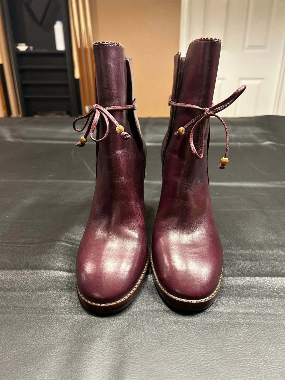 Tory Burch Burgundy Leather Lace-Tie Ankle Boots